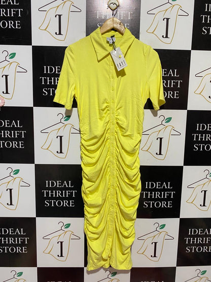 FAYT |L| BUST 19| B41| NEON LIME YELLOW RUCHED BUTTON-FRONT SHIRT DRESS - SHORT SLEEVE COLLARED BODYCON MIDI