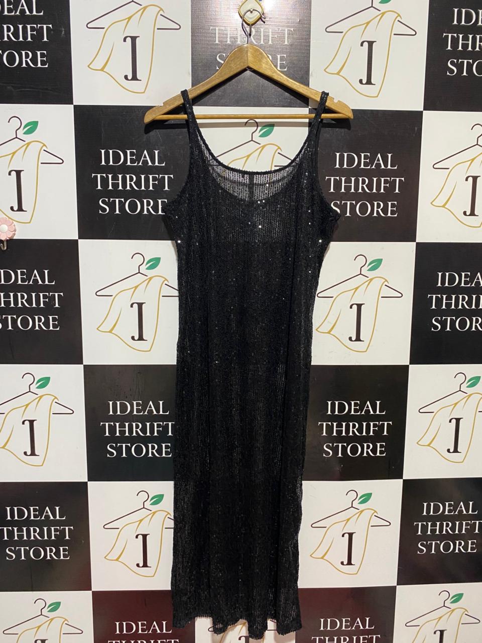 |L| BUST 19| B41| BLACK SHIMMER KNIT SLIP MAXI DRESS - GLITTERY SLEEVELESS PARTY WEAR LONG DRESS