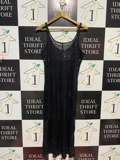 |L| BUST 19| B41| BLACK SHIMMER KNIT SLIP MAXI DRESS - GLITTERY SLEEVELESS PARTY WEAR LONG DRESS