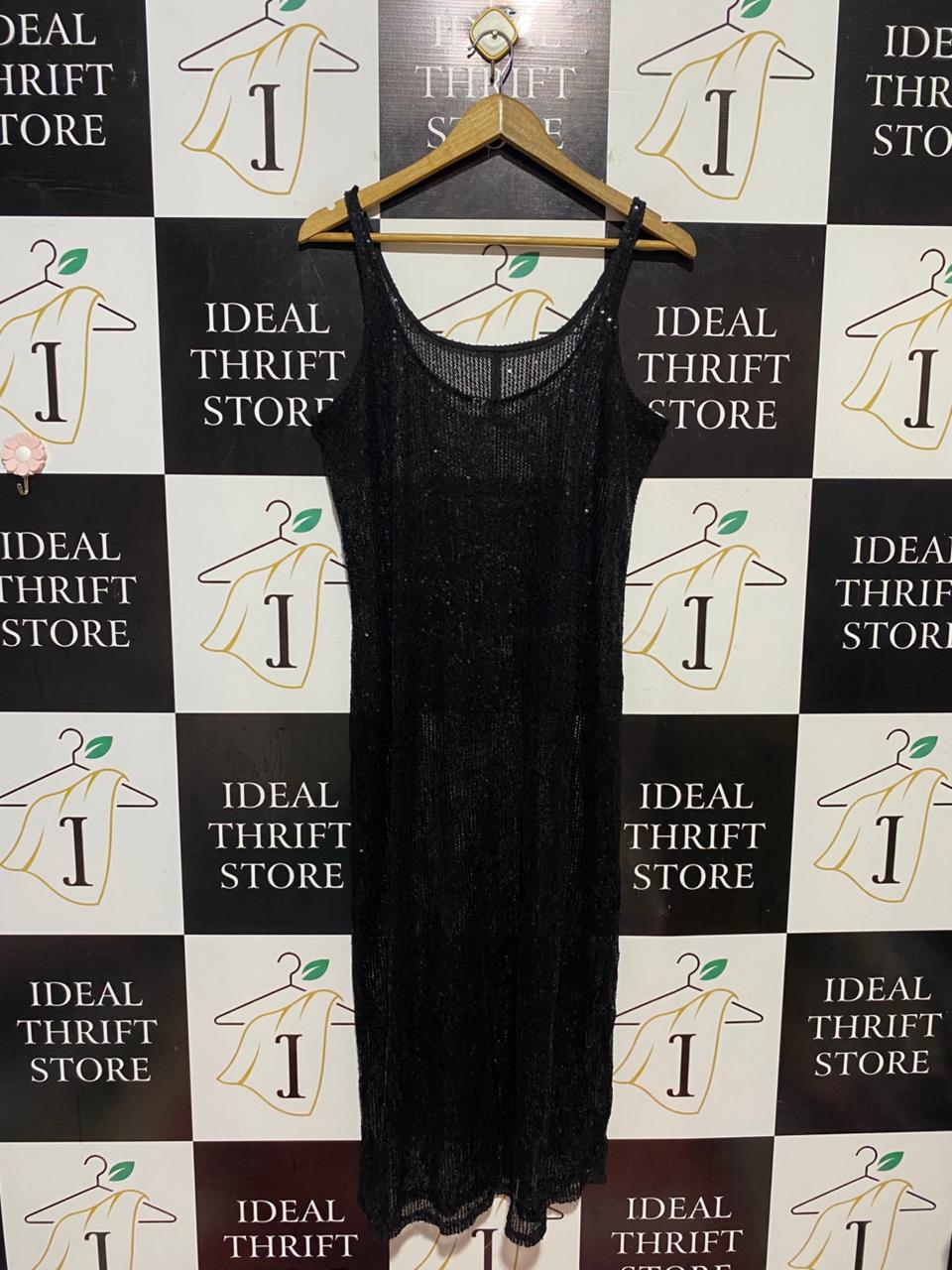 |L| BUST 19| B41| BLACK SHIMMER KNIT SLIP MAXI DRESS - GLITTERY SLEEVELESS PARTY WEAR LONG DRESS