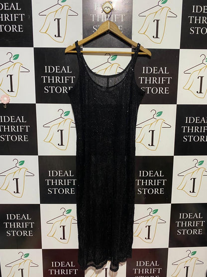 |L| BUST 19| B41| BLACK SHIMMER KNIT SLIP MAXI DRESS - GLITTERY SLEEVELESS PARTY WEAR LONG DRESS