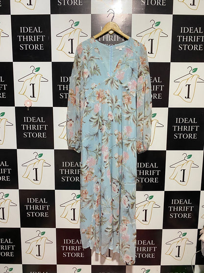 BELLE & BLOOM |M| BUST 17| B41| LIGHT BLUE FLORAL PRINT MAXI DRESS - BOHO LONG SLEEVE V-NECK TIERED SUMMER DRESS