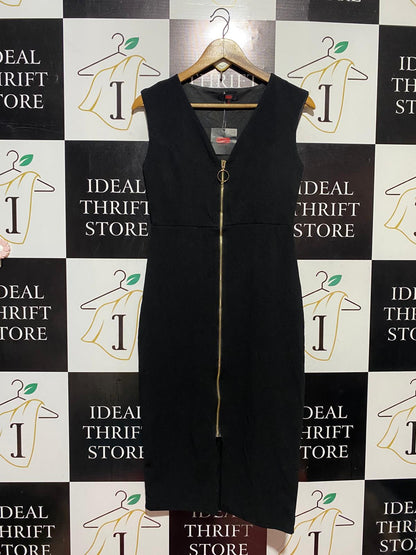 SES |S| BUST 15| B41| BLACK FRONT ZIPPER BODYCON DRESS - SLEEVELESS V-NECK SHEATH DRESS WITH O-RING PULL