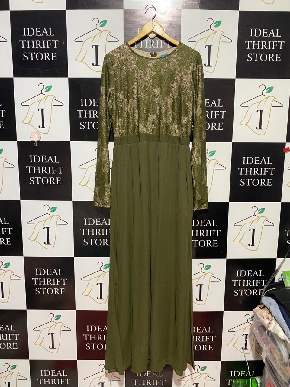 AQUARIUS |L| BUST 19| B41| OLIVE GREEN LACE TOP MAXI DRESS