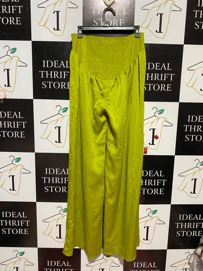 SAMPLE |L| WAIST 29| B41| CHARTREUSE LIME GREEN SATIN WIDE-LEG PANTS