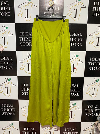 SAMPLE |L| WAIST 29| B41| CHARTREUSE LIME GREEN SATIN WIDE-LEG PANTS