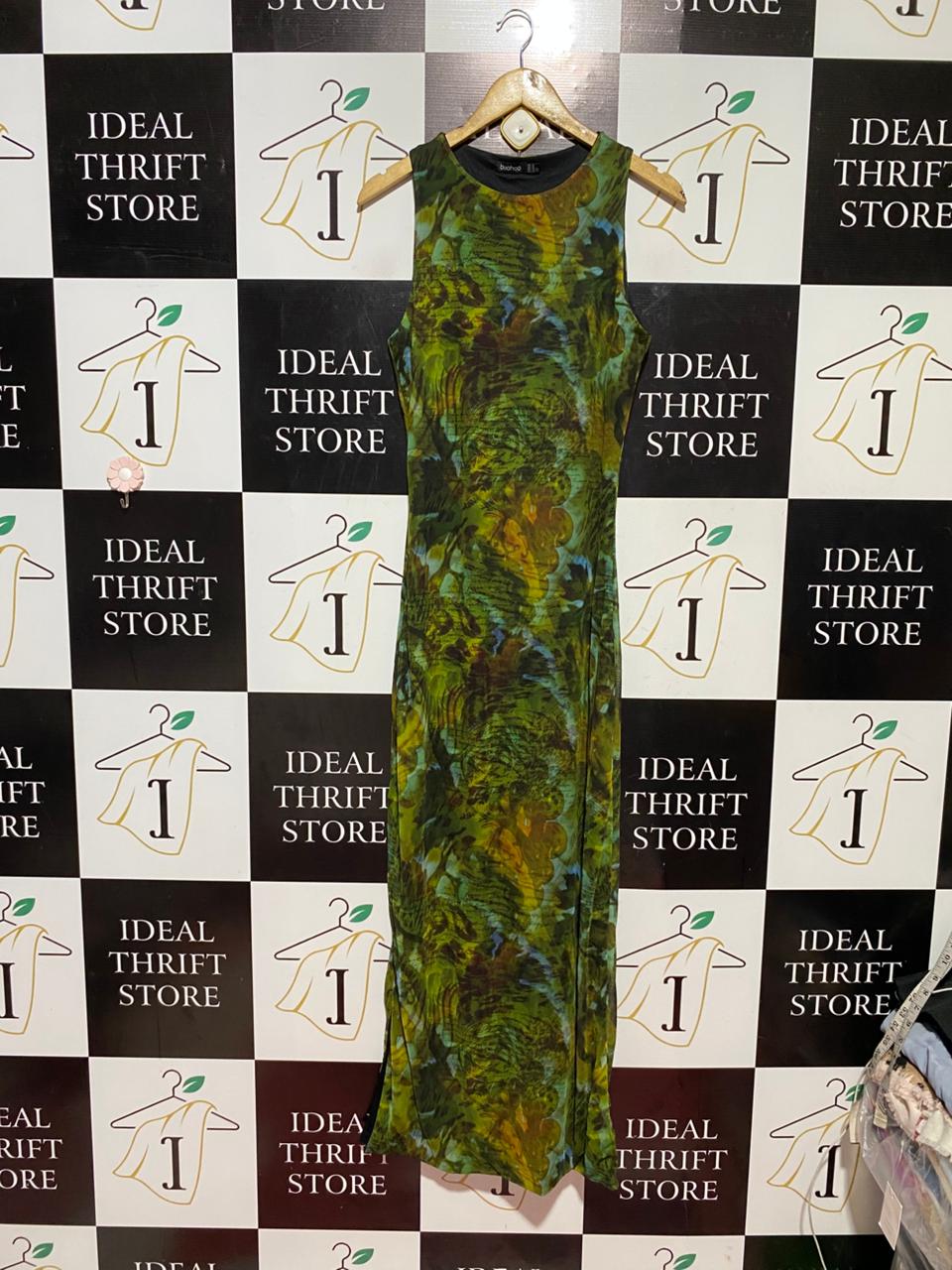 BOOHOO |M| BUST 18| B41| EARTHY GREEN ABSTRACT PRINT MAXI DRESS