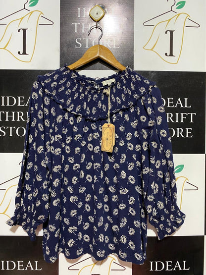 FAT FACE |L| BUST 23| B40| NAVY BLUE FLORAL SMOCKED BLOUSE