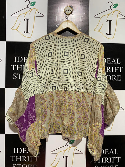 ZARA |XS| BUST FREE| B40| VINTAGE PURPLE AND BEIGE MIXED MOTIF CHIC TOP