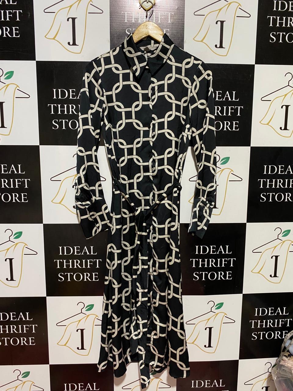 H&M |XS| BUST 16| B40| CLASSIC BLACK AND CREAM CHAIN LINK MIDI SHIRT DRESS