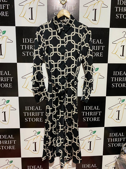 H&M |XS| BUST 16| B40| CLASSIC BLACK AND CREAM CHAIN LINK MIDI SHIRT DRESS
