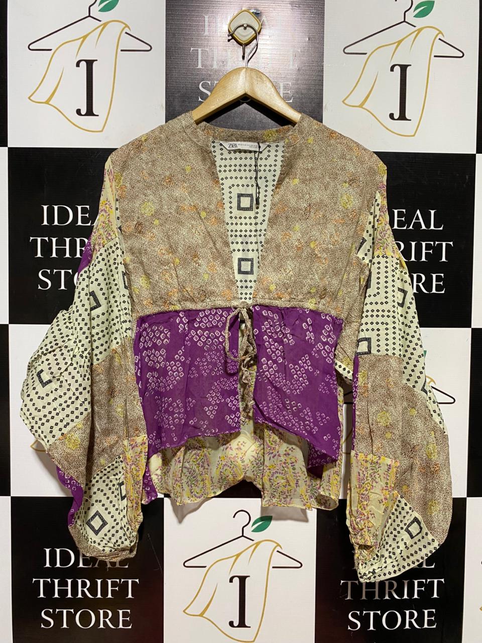 ZARA |XS| BUST FREE| B40| VINTAGE PURPLE AND BEIGE MIXED MOTIF CHIC TOP