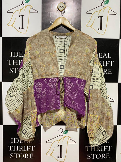 ZARA |XS| BUST FREE| B40| VINTAGE PURPLE AND BEIGE MIXED MOTIF CHIC TOP