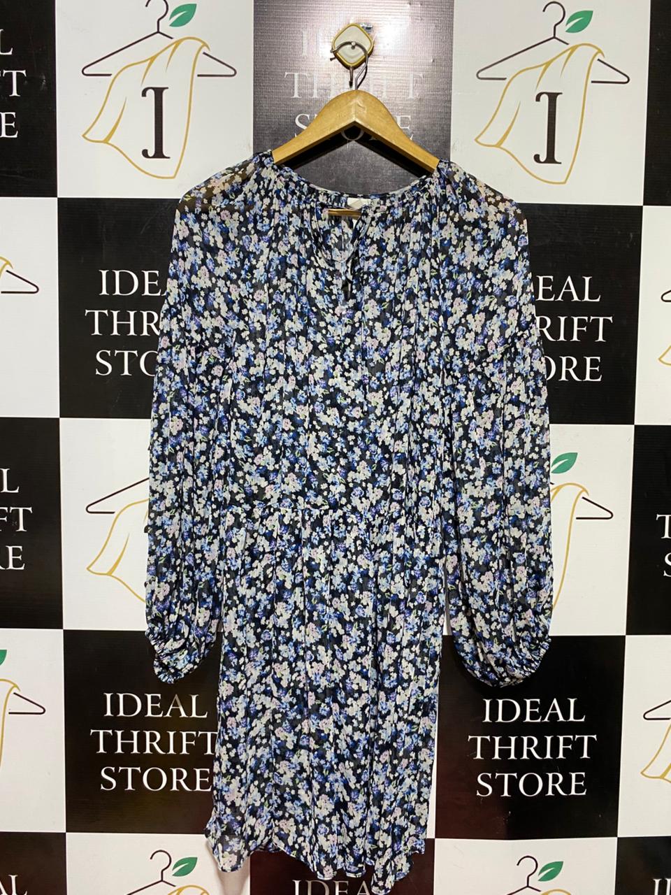 H&M |M| BUST FREE| B40| FLORAL PRINT LONG BALLOON SLEEVE MINI DRESS WITH TIE NECK