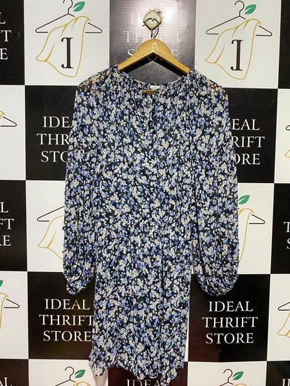 H&M |M| BUST FREE| B40| FLORAL PRINT LONG BALLOON SLEEVE MINI DRESS WITH TIE NECK
