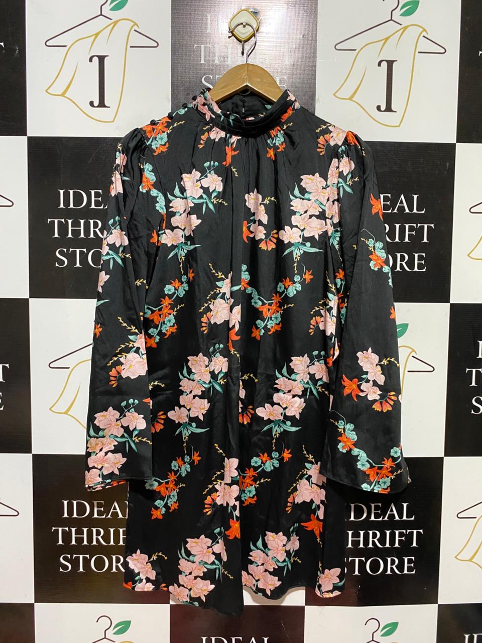 RIVER ISLAND |M| BUST 19| B40| FLORAL PRINT HIGH NECK SATIN MINI DRESS WITH LONG SLEEVES