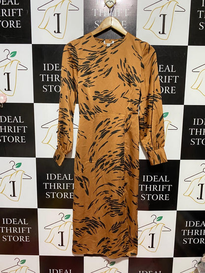WARE HOUSE |S| BUST 15| B40| ABSTRACT PRINT SATIN MIDI DRESS WITH LONG CUFFED SLEEVES