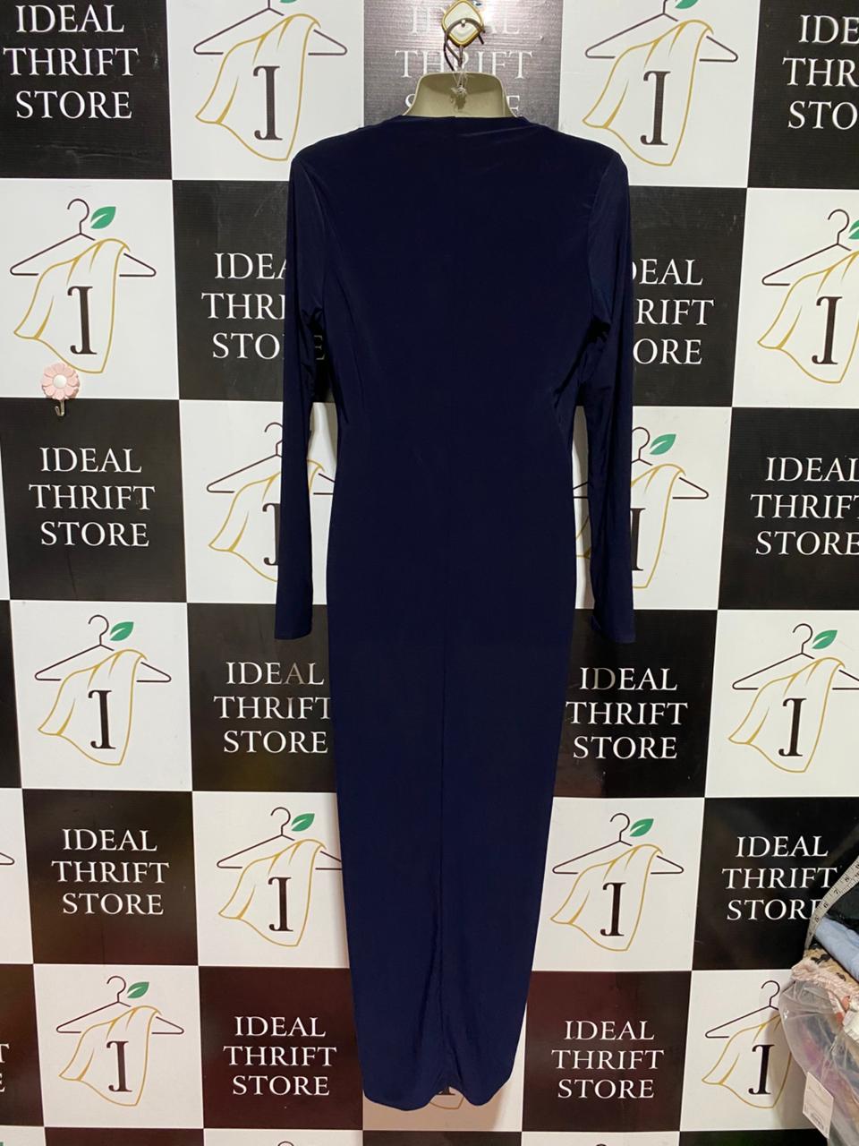 BILLIR & BLOSSOM |M| BUST 17| B40| SOLID NAVY BLUE WRAP-FRONT LONG SLEEVE MIDI DRESS WITH DRAPED DETAILS