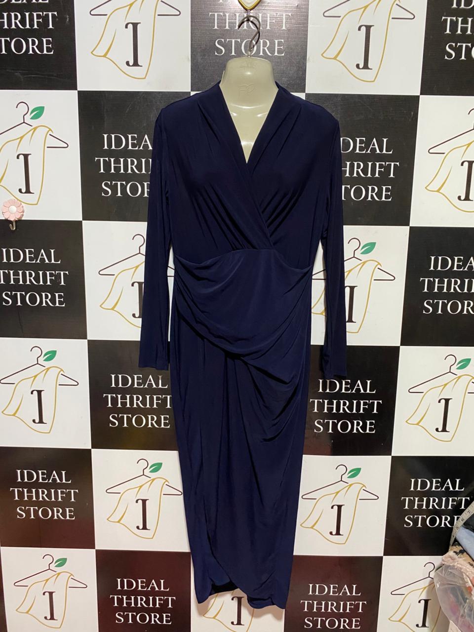 BILLIR & BLOSSOM |M| BUST 17| B40| SOLID NAVY BLUE WRAP-FRONT LONG SLEEVE MIDI DRESS WITH DRAPED DETAILS