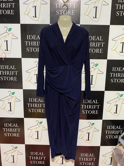 BILLIR & BLOSSOM |M| BUST 17| B40| SOLID NAVY BLUE WRAP-FRONT LONG SLEEVE MIDI DRESS WITH DRAPED DETAILS