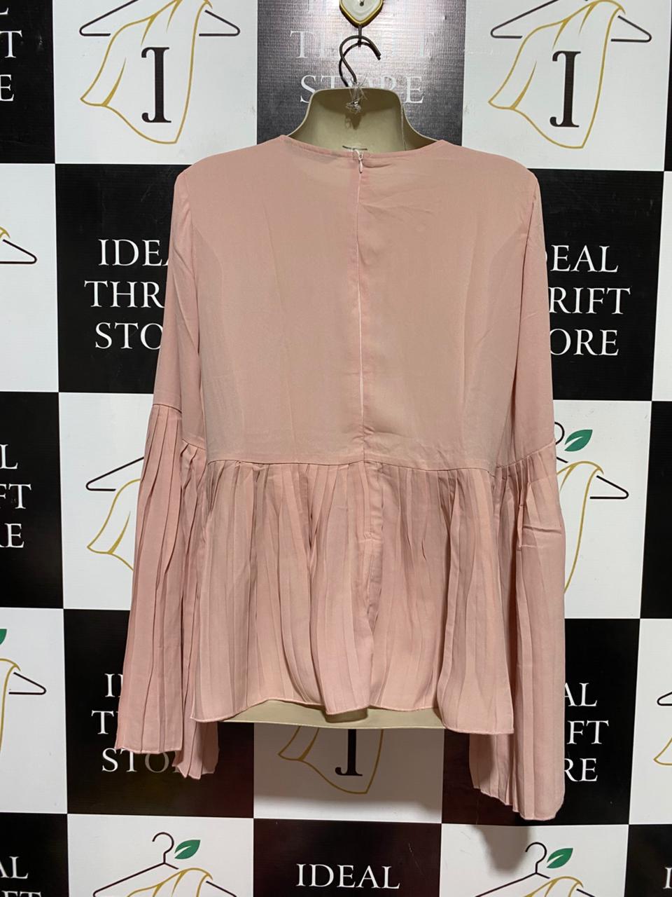 SHEIN |L| BUST 20| B40| SOLID BLUSH PINK PLEATED PEPLUM BLOUSE WITH FLARED SLEEVES