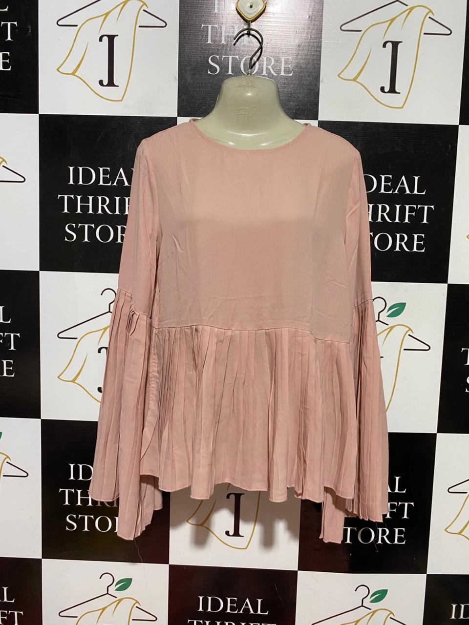 SHEIN |L| BUST 20| B40| SOLID BLUSH PINK PLEATED PEPLUM BLOUSE WITH FLARED SLEEVES