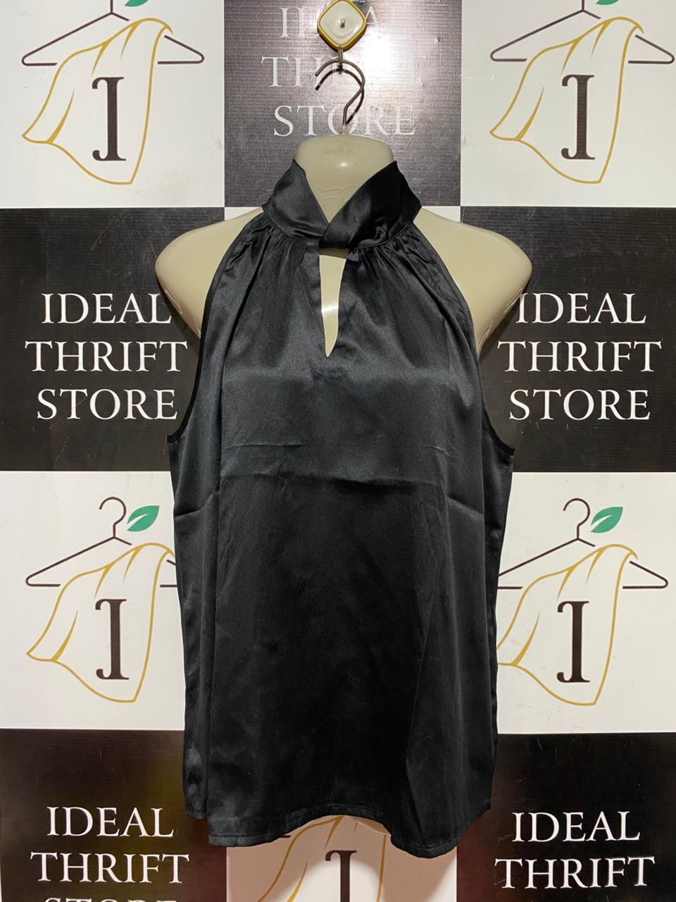PIECES |L| BUST 21| B40| BLACK SATIN HALTER NECK BLOUSE WITH KEYHOLE DETAIL