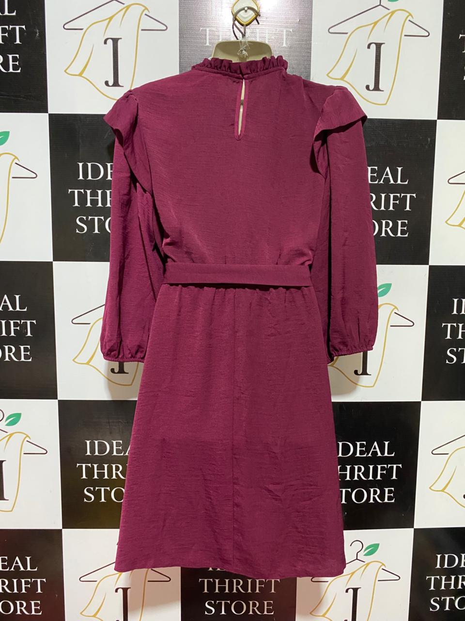 NEW LOOK |M| BUST 19| B40| PLUM RUFFLE MOCK NECK MINI DRESS WITH BELT