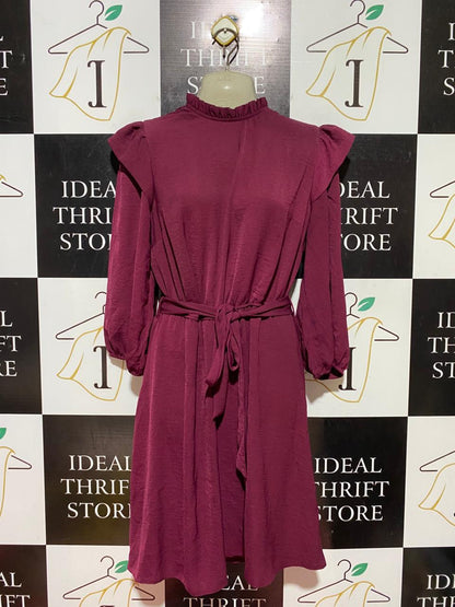 NEW LOOK |M| BUST 19| B40| PLUM RUFFLE MOCK NECK MINI DRESS WITH BELT