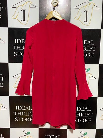 LONDON TIMES |M| BUST 17| B40| VIBRANT RED RUFFLE FRONT MINI DRESS WITH FLUTTER SLEEVES