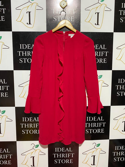 LONDON TIMES |M| BUST 17| B40| VIBRANT RED RUFFLE FRONT MINI DRESS WITH FLUTTER SLEEVES