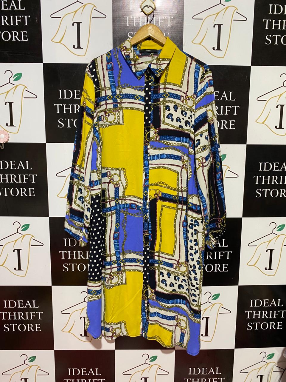 GEORGE |XL| BUST 24| B40| MULTICOLOR CHAIN AND LEOPARD PRINT LONG SLEEVE BUTTON-DOWN SHIRT DRESS