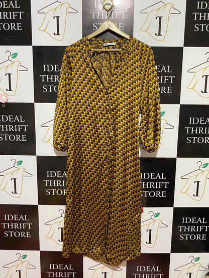 ZARA |M| BUST 19| B40| GEOMETRIC PRINT V-NECK LONG SLEEVE MAXI BUTTON-DOWN DRESS