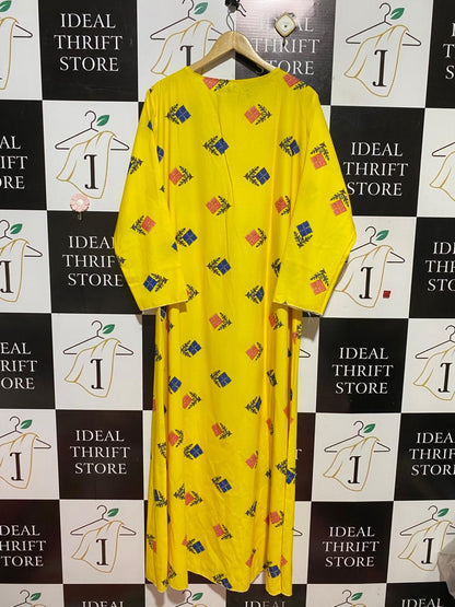 FASHION |XL| BUST 23| B40| YELLOW GEOMETRIC MOTIF LONG SLEEVE MAXI DRESS