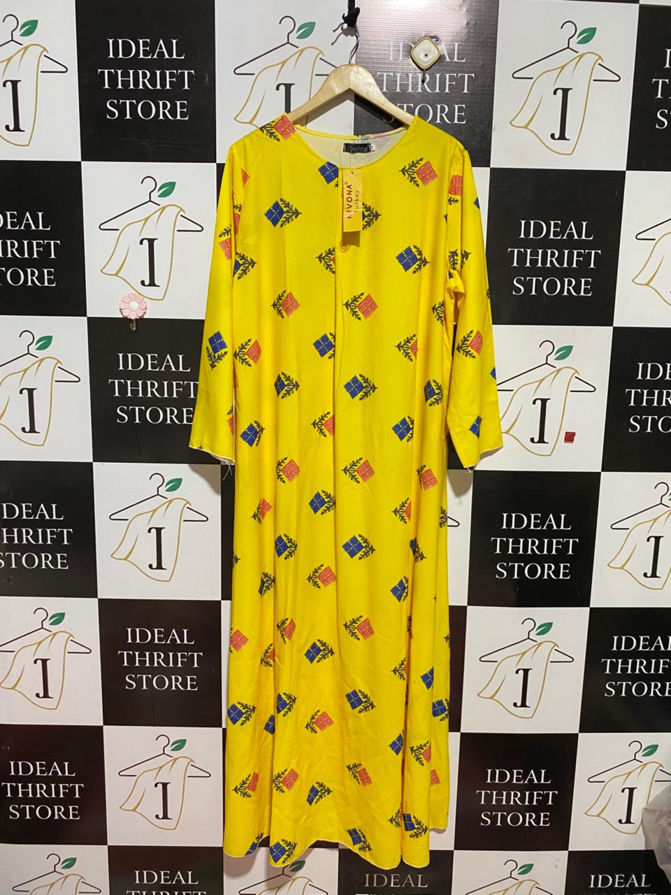 FASHION |XL| BUST 23| B40| YELLOW GEOMETRIC MOTIF LONG SLEEVE MAXI DRESS