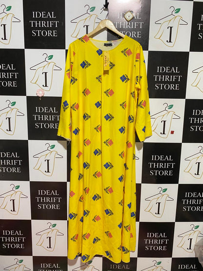 FASHION |XL| BUST 23| B40| YELLOW GEOMETRIC MOTIF LONG SLEEVE MAXI DRESS