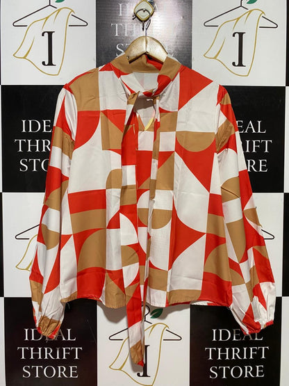 |M| BUST 19| B40| GEOMETRIC ABSTRACT PRINT LONG SLEEVE BLOUSE WITH PUSSY BOW TIE NECKLINE