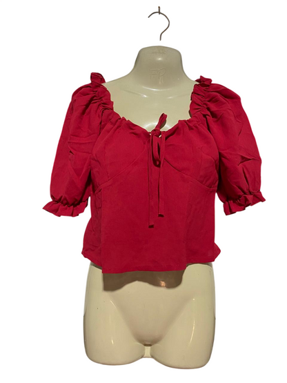 AMY |M| BUST 16| B41| SOLID DEEP RED MILKMAID PUFF SLEEVE CROPPED BLOUSE