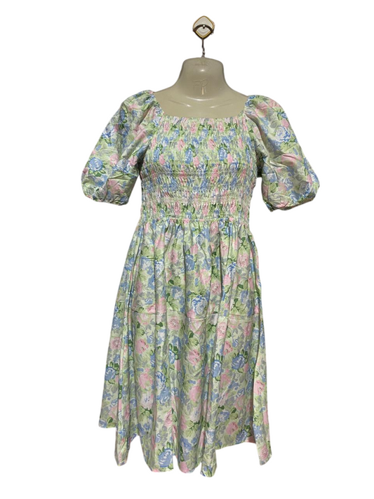 |S| BUST 15| B41| PASTEL FLORAL SMOCKED COTTAGECORE MIDI DRESS