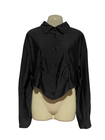 SHEIN |M| BUST 20| B41| SOLID BLACK CROPPED ASYMMETRICAL BUTTON-DOWN LONG SLEEVE SHIRT