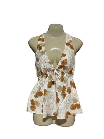 MOOLOOLA |S| BUST 15| B41| FLORAL PRINT PLUNGING V-NECK KNOT FRONT PEPLUM BLOUSE
