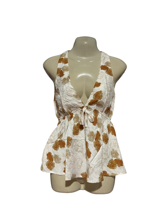 MOOLOOLA |S| BUST 15| B41| FLORAL PRINT PLUNGING V-NECK KNOT FRONT PEPLUM BLOUSE