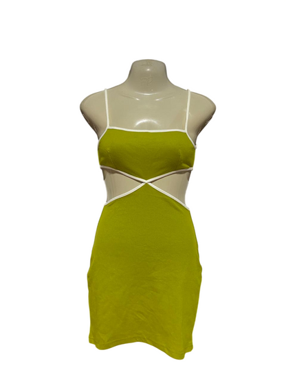 LUVALOT |S| BUST 15| B41| LIME GREEN CRISS-CROSS WAIST CUT-OUT BODYCON MINI DRESS