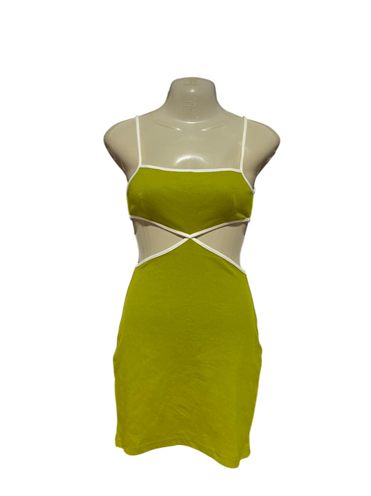 LUVALOT |S| BUST 15| B41| LIME GREEN CRISS-CROSS WAIST CUT-OUT BODYCON MINI DRESS