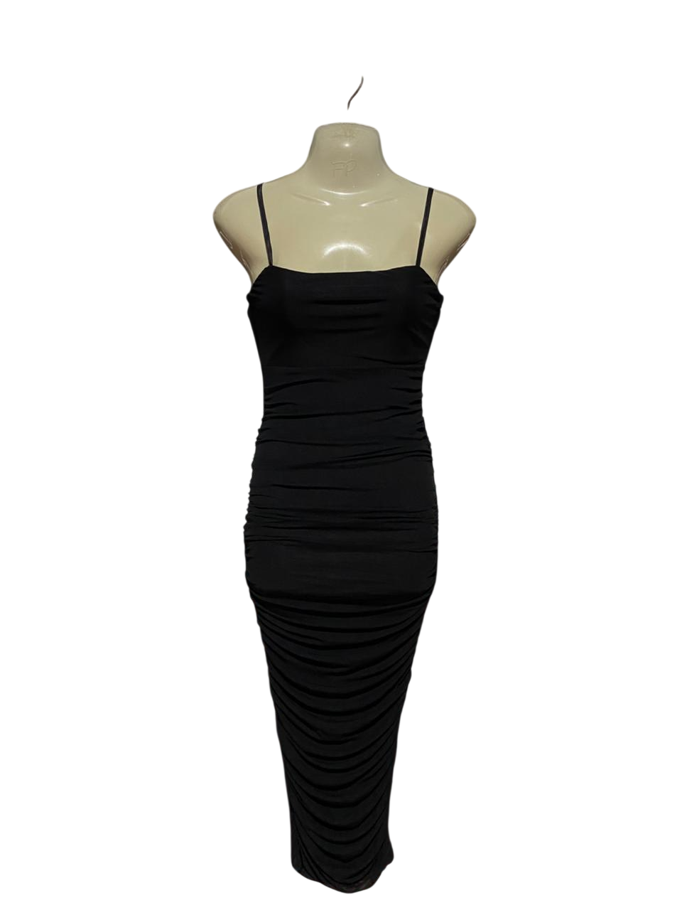 SHOW PO |S| BUST 15| B41| BLACK FULLY RUCHED BODYCON MIDI DRESS WITH SPAGHETTI STRAPS