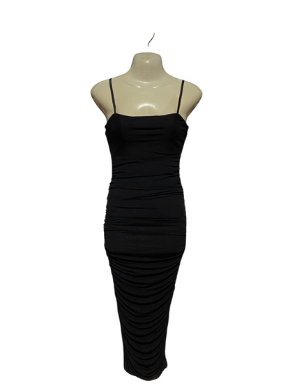 SHOW PO |S| BUST 15| B41| BLACK FULLY RUCHED BODYCON MIDI DRESS WITH SPAGHETTI STRAPS