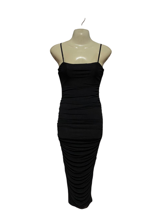 SHOW PO |S| BUST 15| B41| BLACK FULLY RUCHED BODYCON MIDI DRESS WITH SPAGHETTI STRAPS