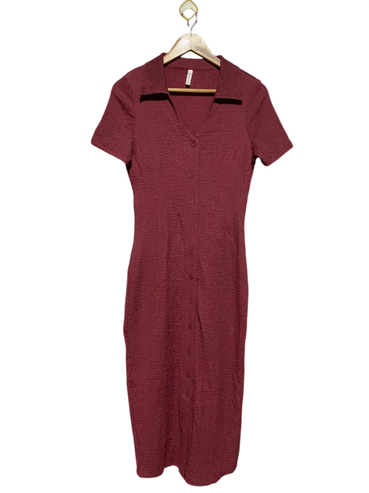 & ME |M| BUST 17| B41| MAROON COLLARED BUTTON-DOWN TEXTURED MIDI DRESS