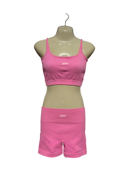 BO TEE |XS| B41| PINK RIBBED ACTIVEWEAR CROP TANK AND SHORTS TWO-PIECE SET
