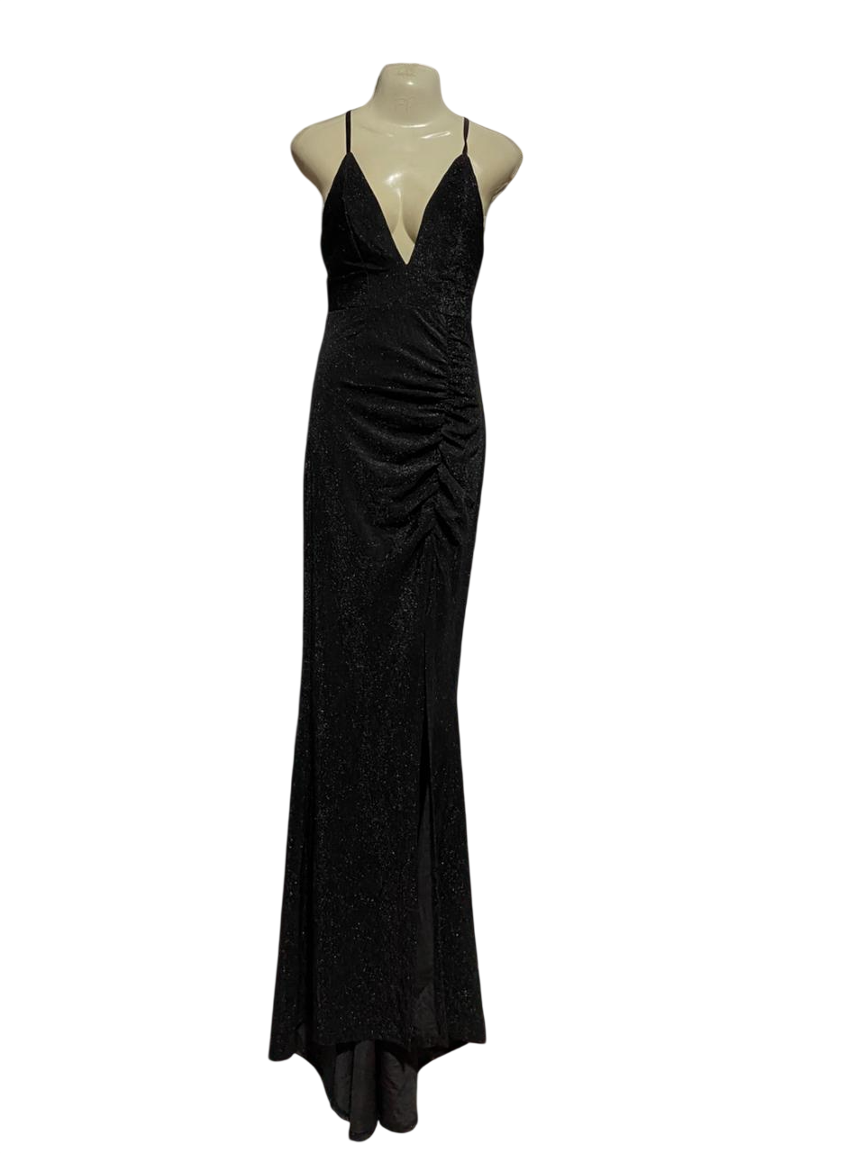 |M| BUST 17| B41| GLITTERY BLACK DEEP V-NECK RUCHED MAXI GOWN WITH SLIT